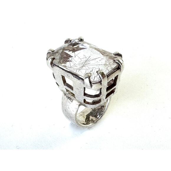 Rutile Quartz Crystal Faceted Hammered Heavy Sterling 925 Silver Ring - Picture 6 of 8